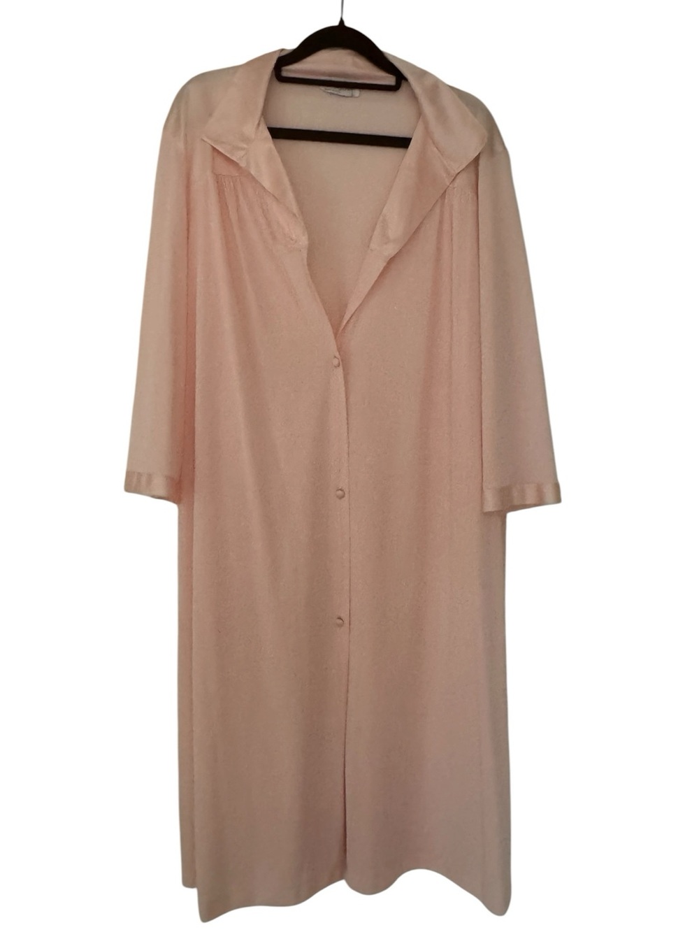 💕VTG 60s Vanity Fair Women’s Pink Peach Lace Satin Silk Button Front Sheer Robe